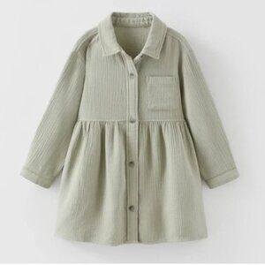 Zara Girls Long Sleeve Linen Blend Green Dress 4/5